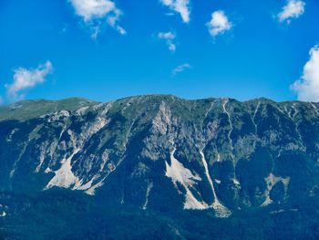 Scenic view of mountains against blue sky