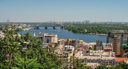 Top view of kiev from the side of the andriyivskyy descent, ukraine, on a sunny summer morning