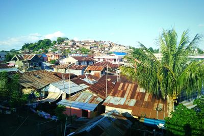 High angle view of houses against clear sky