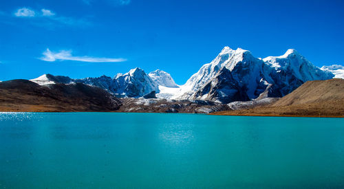 Scenic view of sea and snowcapped mountains against blue sky