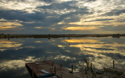 Scenic view of lake against cloudy sky