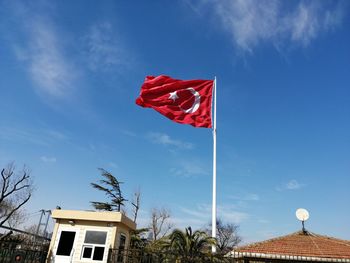 Low angle view of flag on building against sky