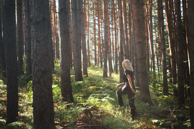 Rear view of woman standing in forest