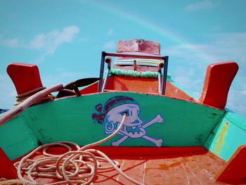 Rope on fishing boat against blue sky