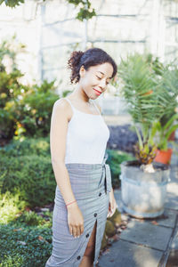 Young multiracial african american woman in park, summer