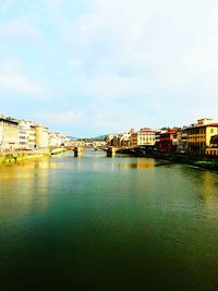 Bridge over river with city in background