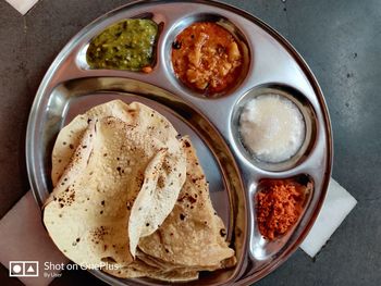 High angle view of breakfast served on table