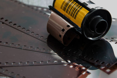 Close-up of film reels on table