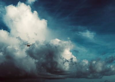 Low angle view of silhouette airplane flying in sky