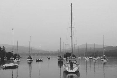 Boats moored at harbor against sky