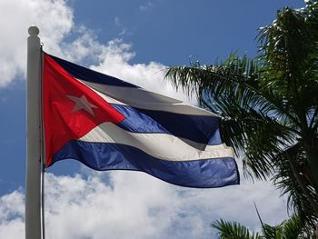 Low angle view of flag against sky