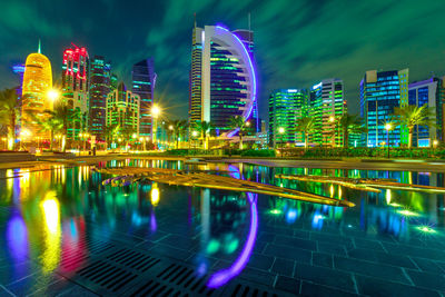 Reflection of illuminated buildings in lake against sky during night