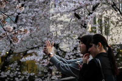 Close-up of man and flowers on tree