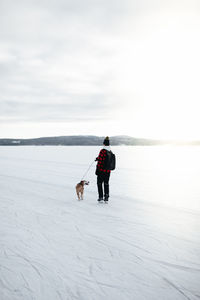 Full length of a dog on snow covered landscape