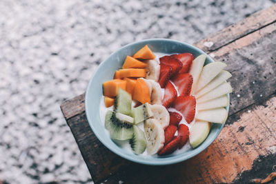 High angle view of breakfast in bowl on table