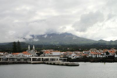 Scenic view of river by town against sky