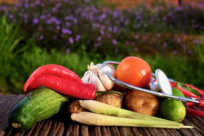 Close-up of fruits and vegetables on table