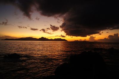 Scenic view of sea against orange sky