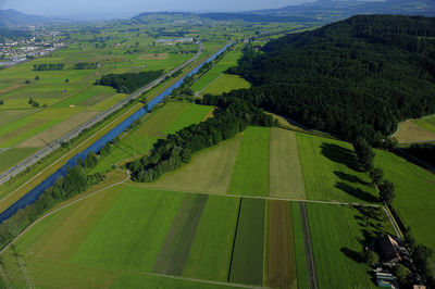 High angle view of agricultural field against sky