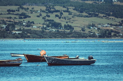 Boats moored on sea against sky