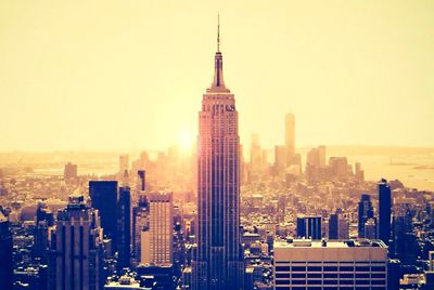 City skyline at sunset
