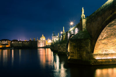 Illuminated bridge over river against clear blue sky