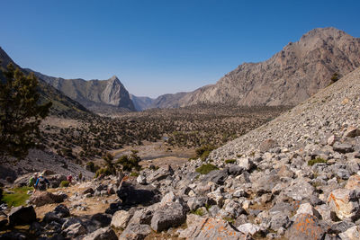 Scenic view of mountains against clear blue sky