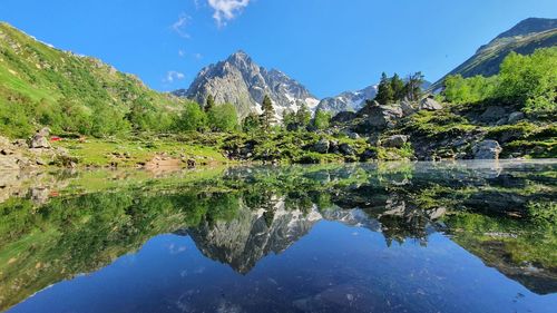 Scenic view of lake and mountains against sky