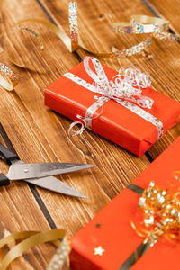 High angle view of christmas decorations on table