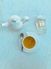 High angle view of tea cup on table