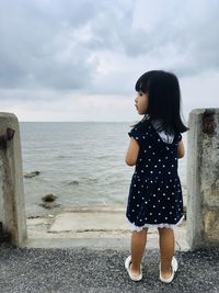 Rear view of asian girl standing on sea shore against sky