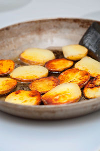 High angle view of breakfast in cooking pan