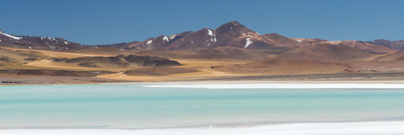 Scenic view of mountains against clear blue sky