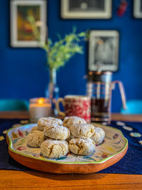 Close-up of cookies in plate on table