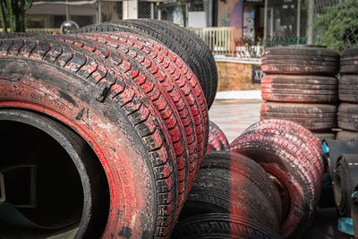 Close-up of red truck in row