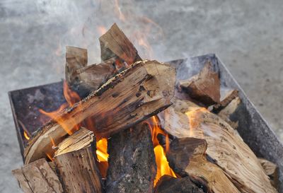 High angle view of fire on log