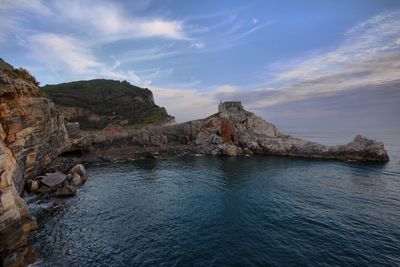 Scenic view of rocks in sea against sky