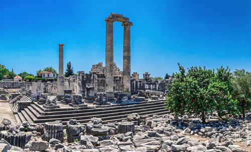 Panoramic view of temple against clear blue sky