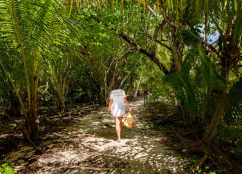 Young woman from behind in foot path in tropical forest.