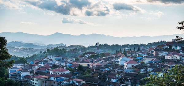 High angle shot of townscape against sky