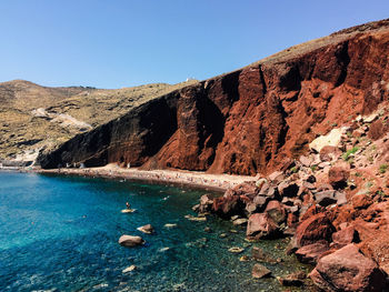 Scenic view of rocks in mountains against clear blue sky