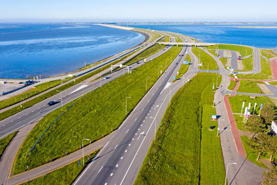 Aerial from the highway a7 at kronwerderzand at the afsluitdijk the netherlands