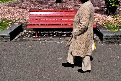 Rear view of woman sitting on bench in park