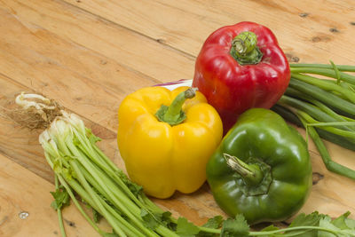 High angle view of bell peppers on table