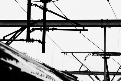 Low angle view of electricity pylon against clear sky