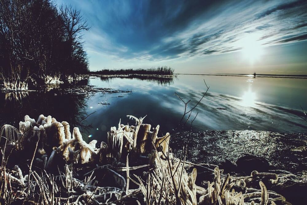 sun, sky, sunbeam, beauty in nature, sunlight, tranquility, cloud - sky, nature, tranquil scene, lens flare, scenics, plant, growth, water, sunset, cloud, lake, idyllic, reflection, cloudy