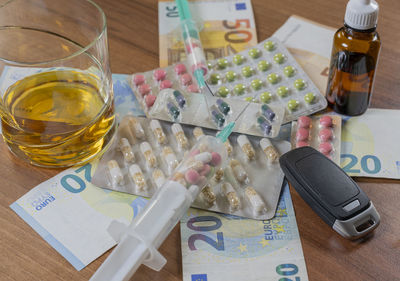 High angle view of pills and bottles on table