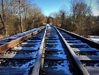 Railroad track amidst bare trees against sky