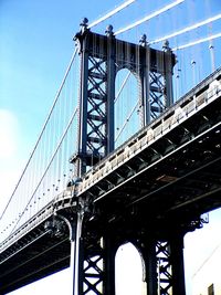 Low angle view of suspension bridge against sky
