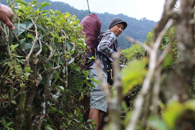 Low angle portrait of man with backpack standing amidst plants